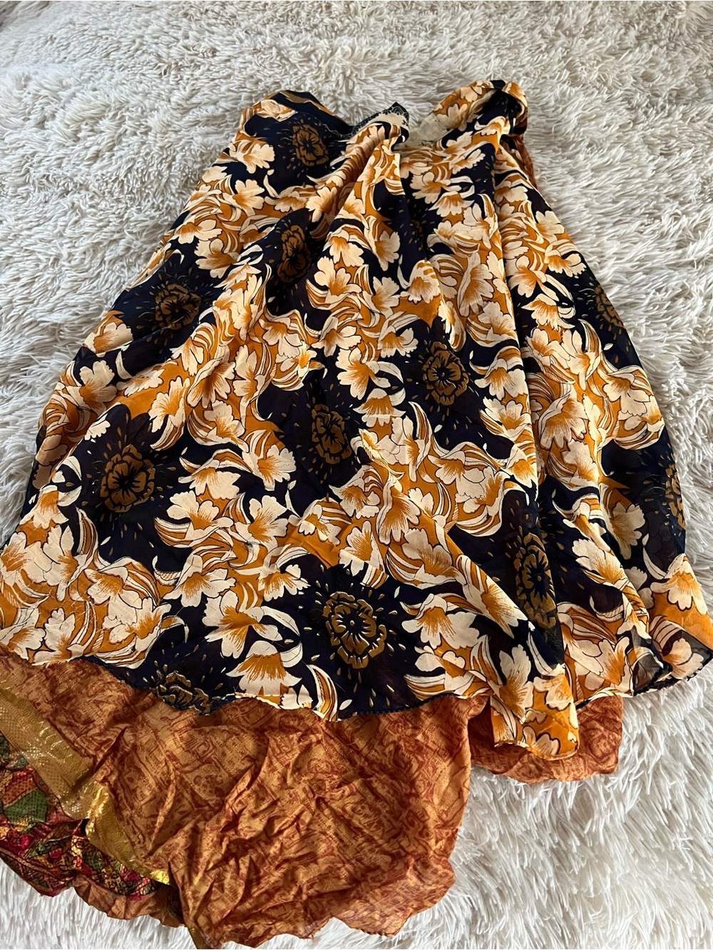 Floral Printed Midi Skirt in Black and Mustard